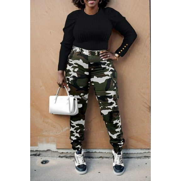 Camo Print Flap Pocket Cargo Pants (S, MultiBlack)