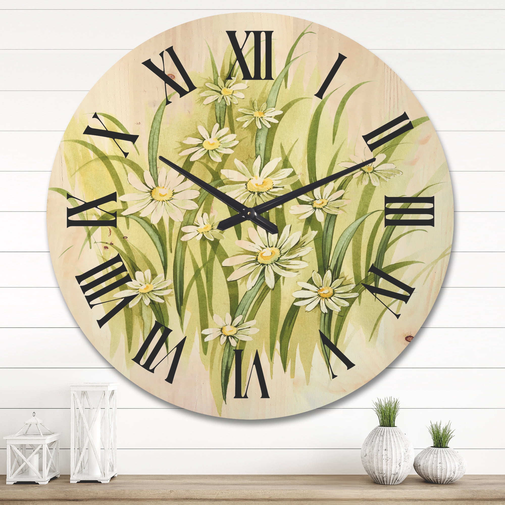 Designart 'Abstract White Meadow Flowers' Traditional Wood Wall Clock