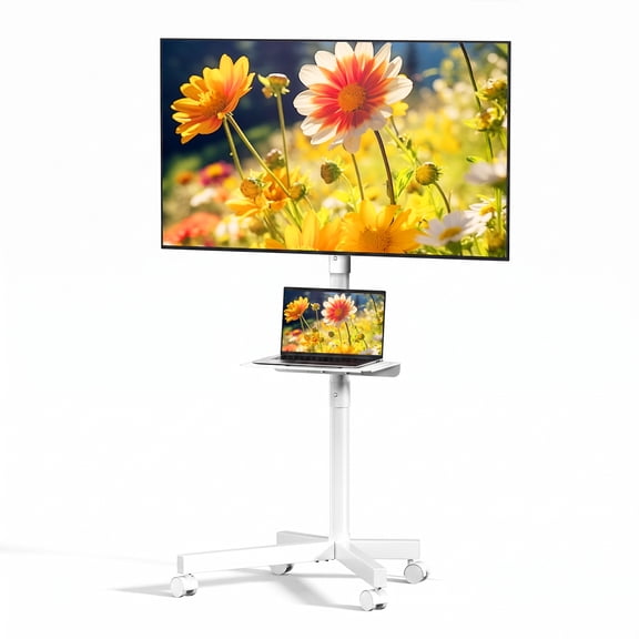 Nextay Rolling TV Stand for 23-60 Inch Screens, Mobile TV Cart with Wheels, Portable Floor Stand with Tilt Adjustment and Media Shelf, White