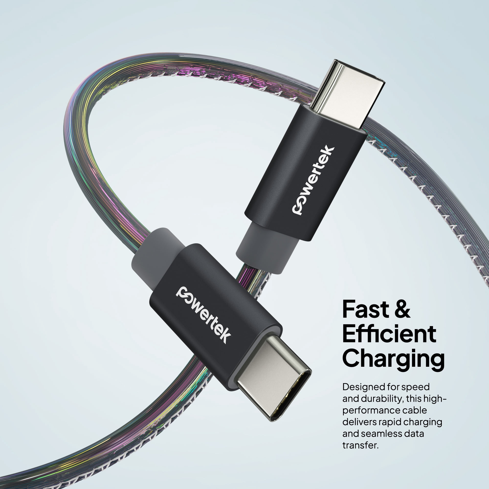 Powertek USB-C to USB-C (Type-C) Metallic Shine Pastel Fast Charging Cable, 60W, 6 ft, Black