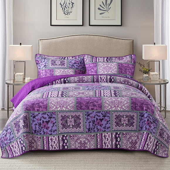 Juego de colcha acolchada NEWLAKE Queen morado bohemio de algodón
