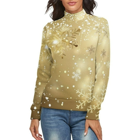 Elegant Gold Christmas Snowflake Women's Turtleneck Sweater Long Sleeve Ribbed Fitted Turtle Neck Casual Fall Winter Collection Top S