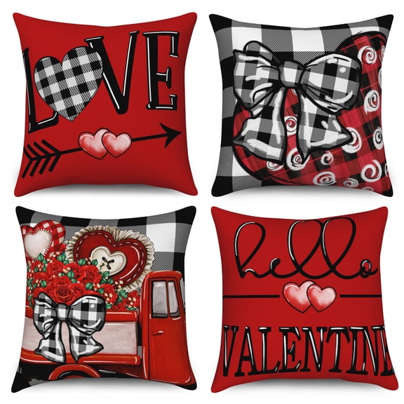 Valentines Day Pillow Cover 16x16 Set of 4,Red Buffalo Plaid Heart Love Pillow Cases Couch Cushion for Bedroom Decor