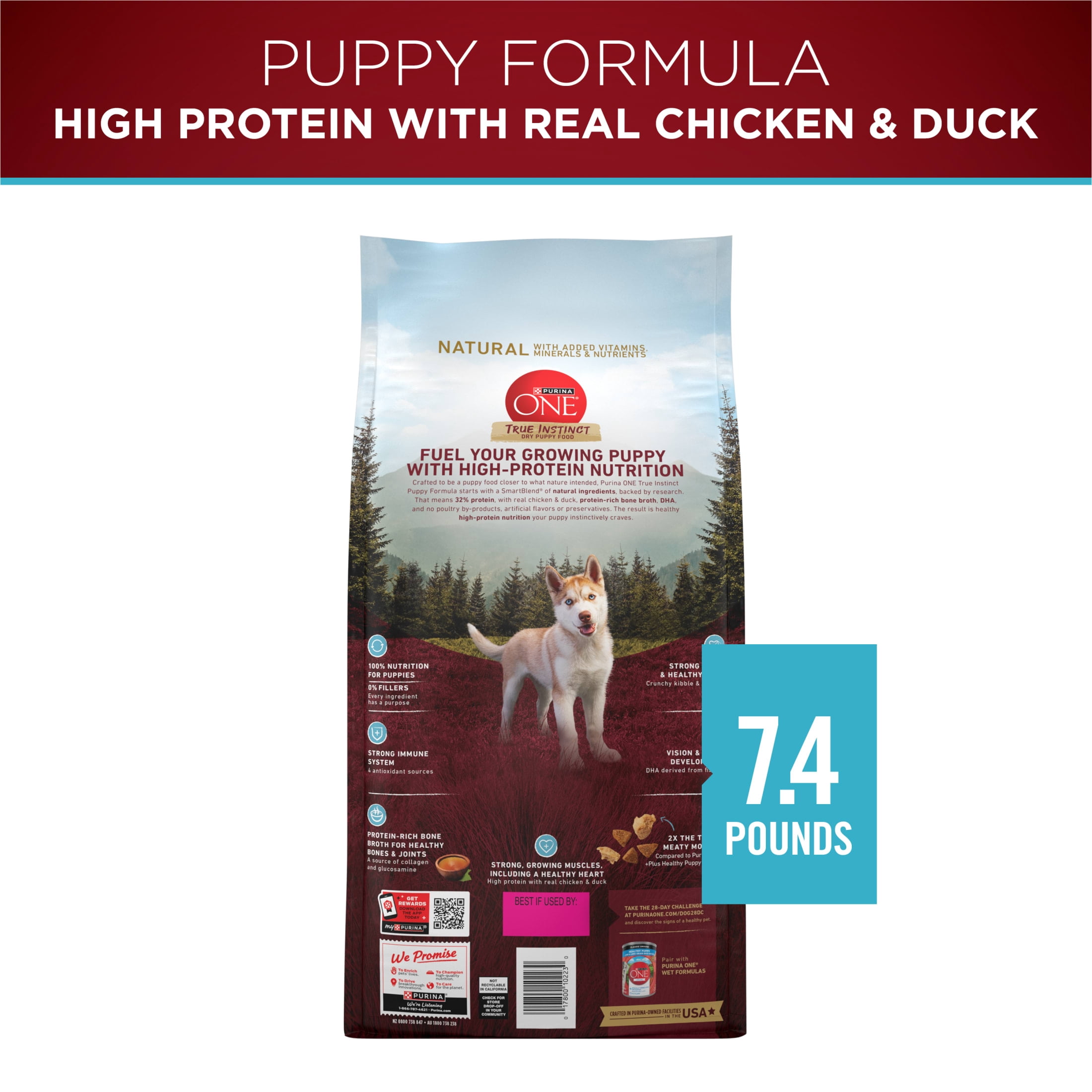 (4 pack) Purina ONE True Instinct With Real Chicken and Duck High Protein Dry Puppy Food Formula Natural With Added Vitamins, Minerals and Nutrients, 7.4 lb.