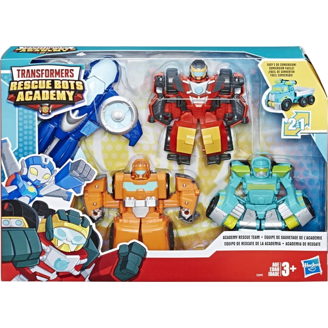 playskool heroes transformers rescue bots academy rescue tea playskool n/a Multicolor caja con cuatro figuras Rescue Bots en modo robot — rojo, naranja, verde azulado y azul — vista frontal por ventana transparente, logo Rescue Bots Academy arriba a la izquierda, arte ilustrado en la tapa y marca de edad 3+; figuras de acción para colección.