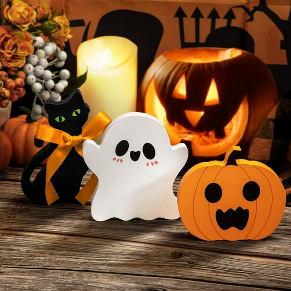 3 Pcs Cute Ghost Halloween Decorations Indoor Ghost Tabletop Decor Wooden Signs Black Cat Bat Witch Broom Signs Pumpkin Blocks for Party Home Shelf Display