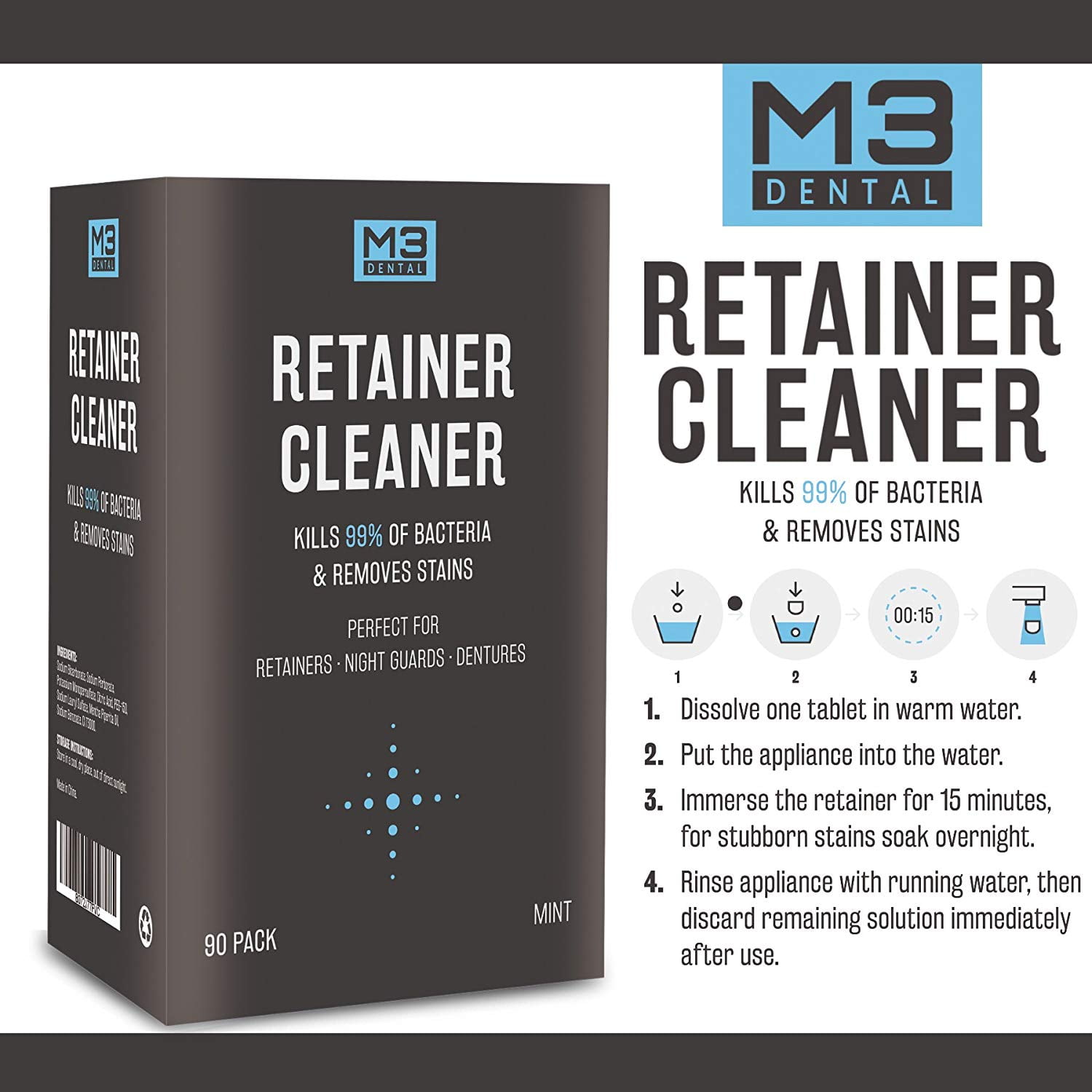 Buy M3 Naturals Retainer and Denture Cleaning Tablets Removes Bacteria