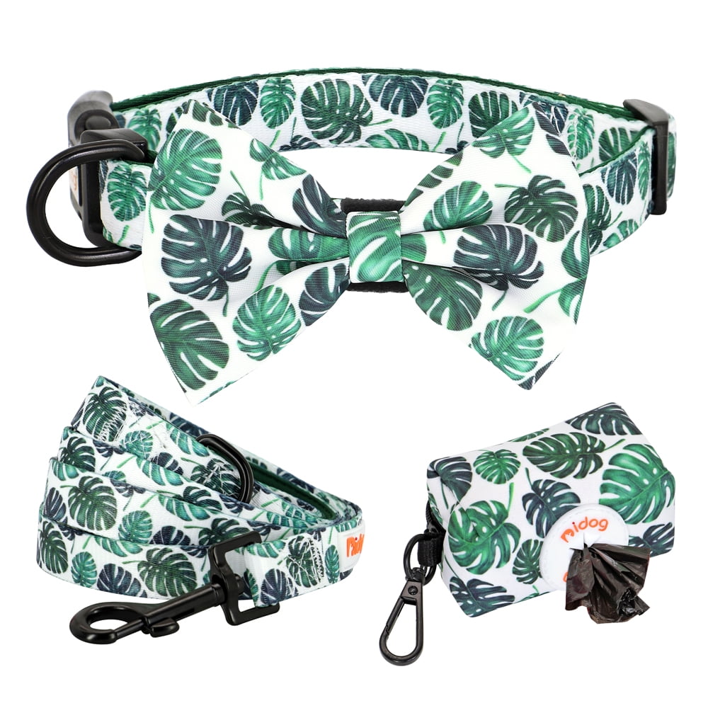 Didog Floral Cute Bowtie Dog Collar & Leash & Poop Bags Holder Adjustabale for Puppy