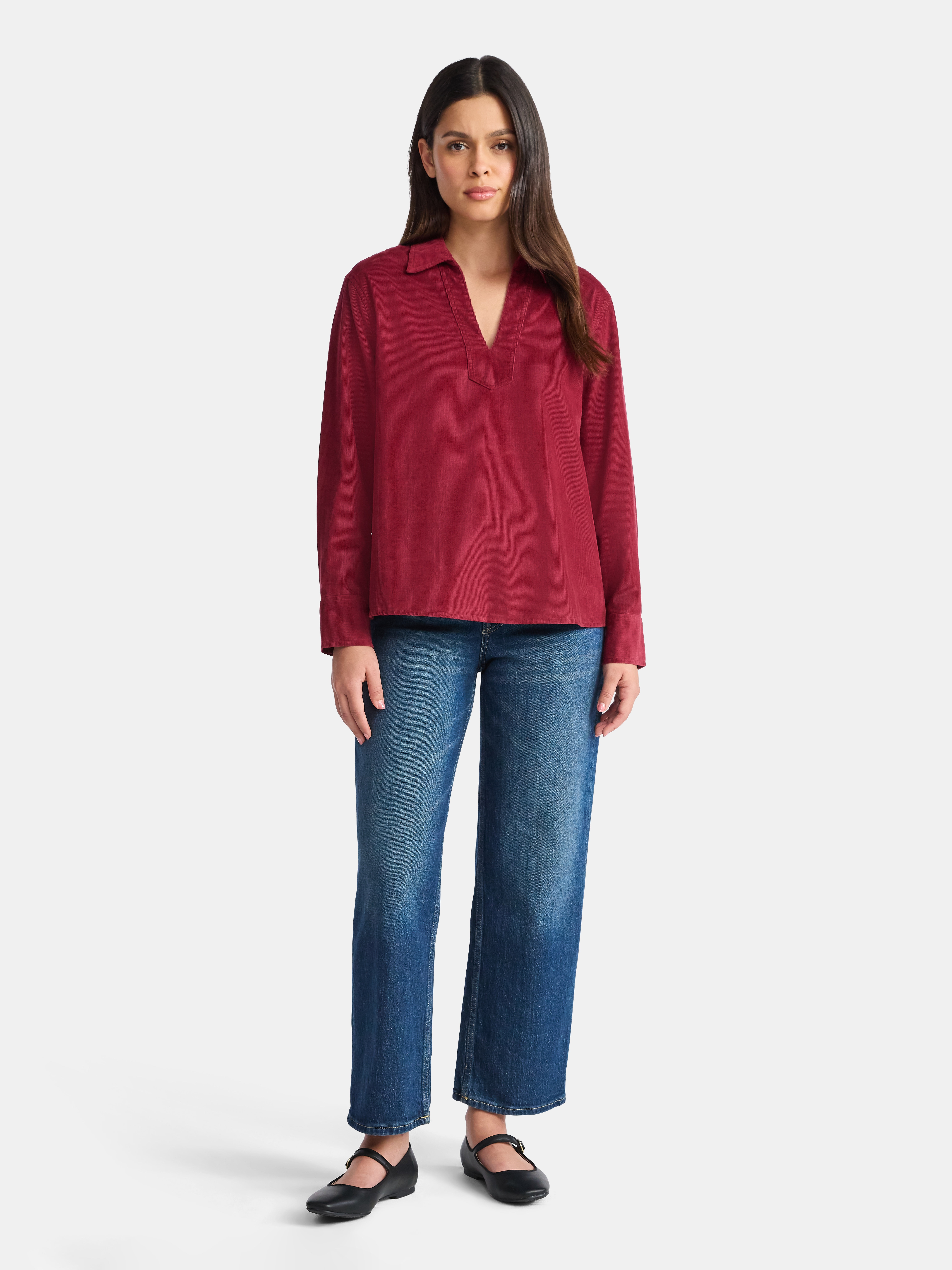 Time and Tru Women's Cotton Corduroy Popover Shirt with Long Sleeves, Sizes XS-XXXL