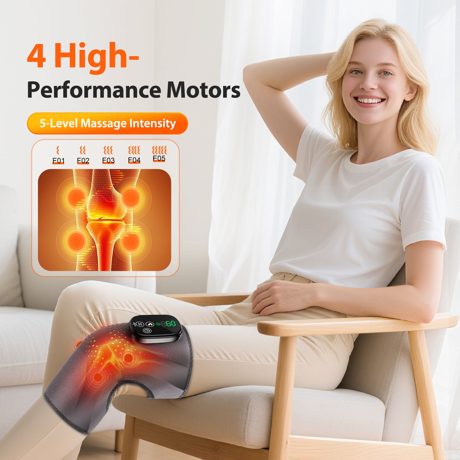 FlareMore Cordless Knee Massager with 3 Heat & 3 Vibration,Rechargeable Heated Knee Brace Wrap with 5000mah Battery,Adjustable Strap,Auto Shut Off,Portable 4-Motor Massager for Knee,Shoulder & Elbow