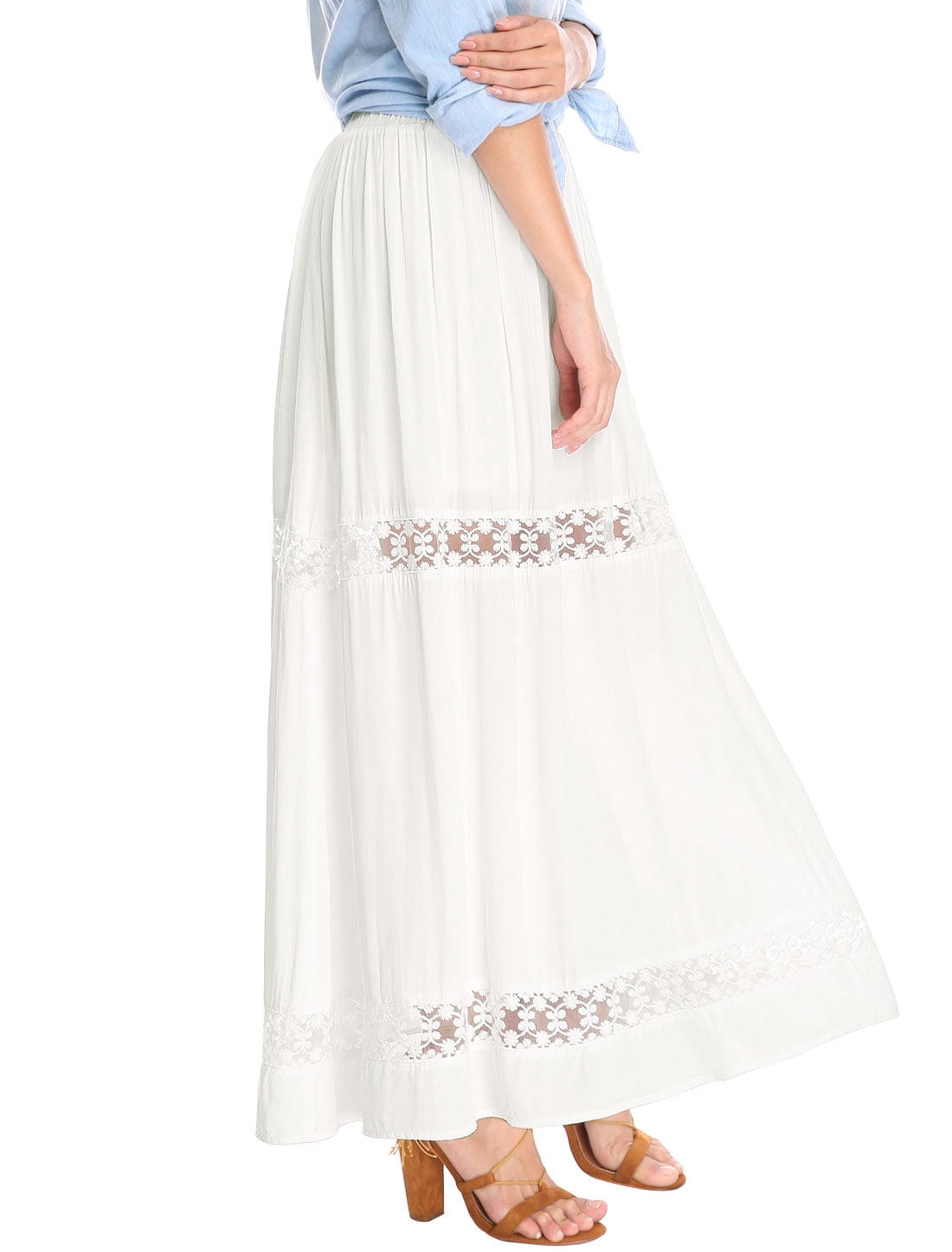 DARING DIVA Women's A-Line Lace Insert Maxi Skirt Cream L Cream White