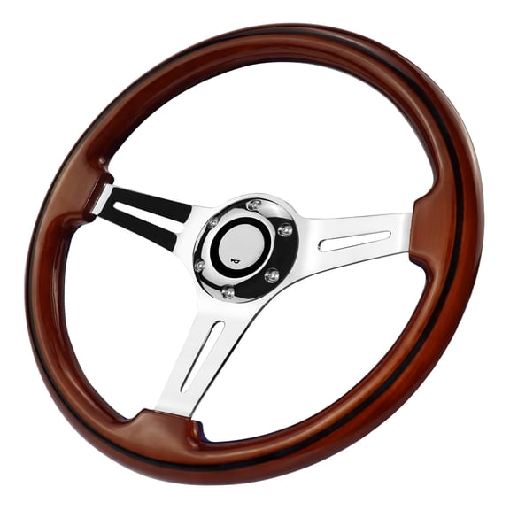 LOSCHEN 350MM Universal Racing/Golf Wooden Steering Wheel, 13.8-inch Steering Wheel 3-Spoke Wooden Electroplated Long Ribbed with Black Wire