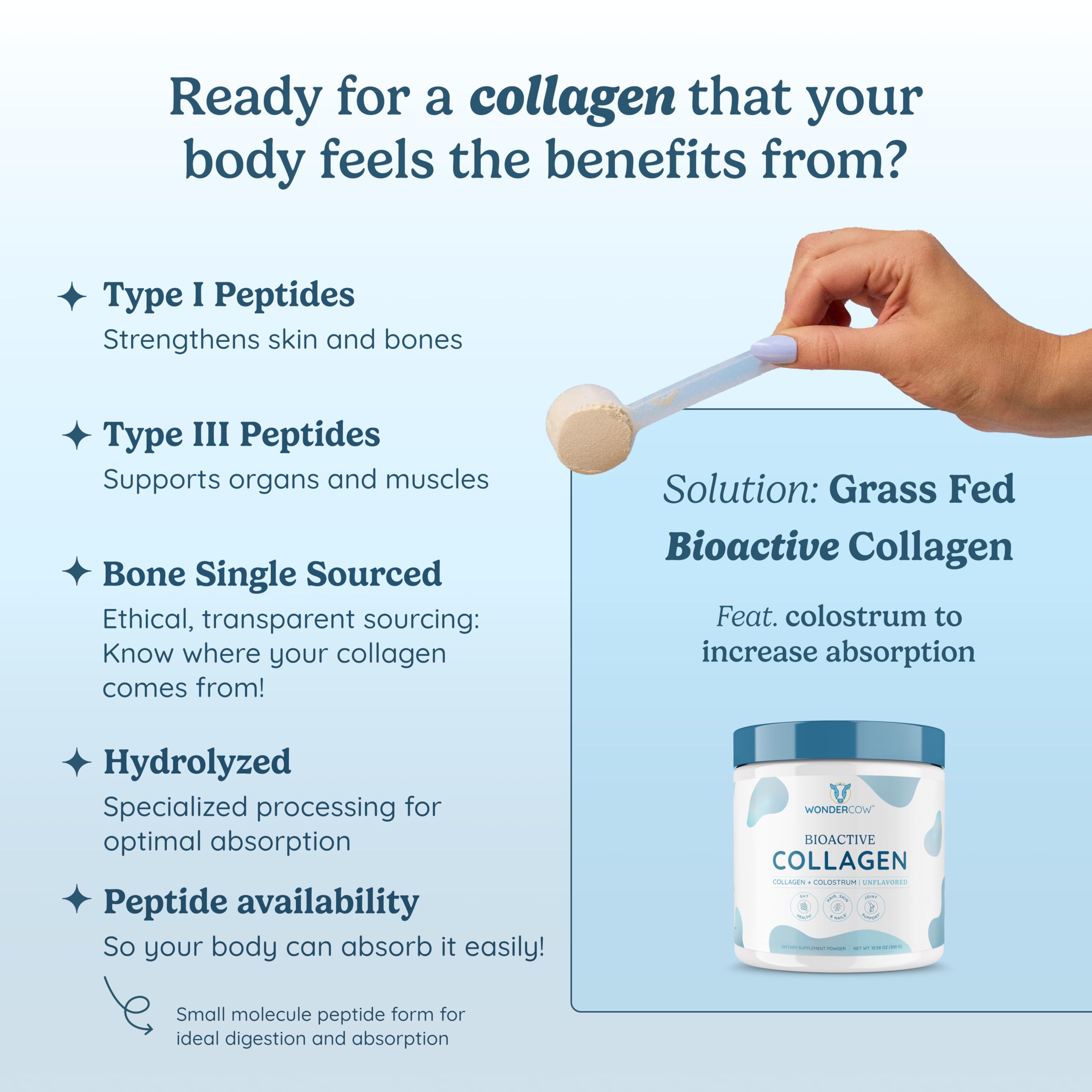 WONDERCOW Collagen Peptides Powder w/Bovine Colostrum, Naturally-Sourced Hydrolyzed Bone Collagen Powder, Hair Skin Nail & Joint Support,Type I & III Grass-Fed Collagen Supplements for Women & Men