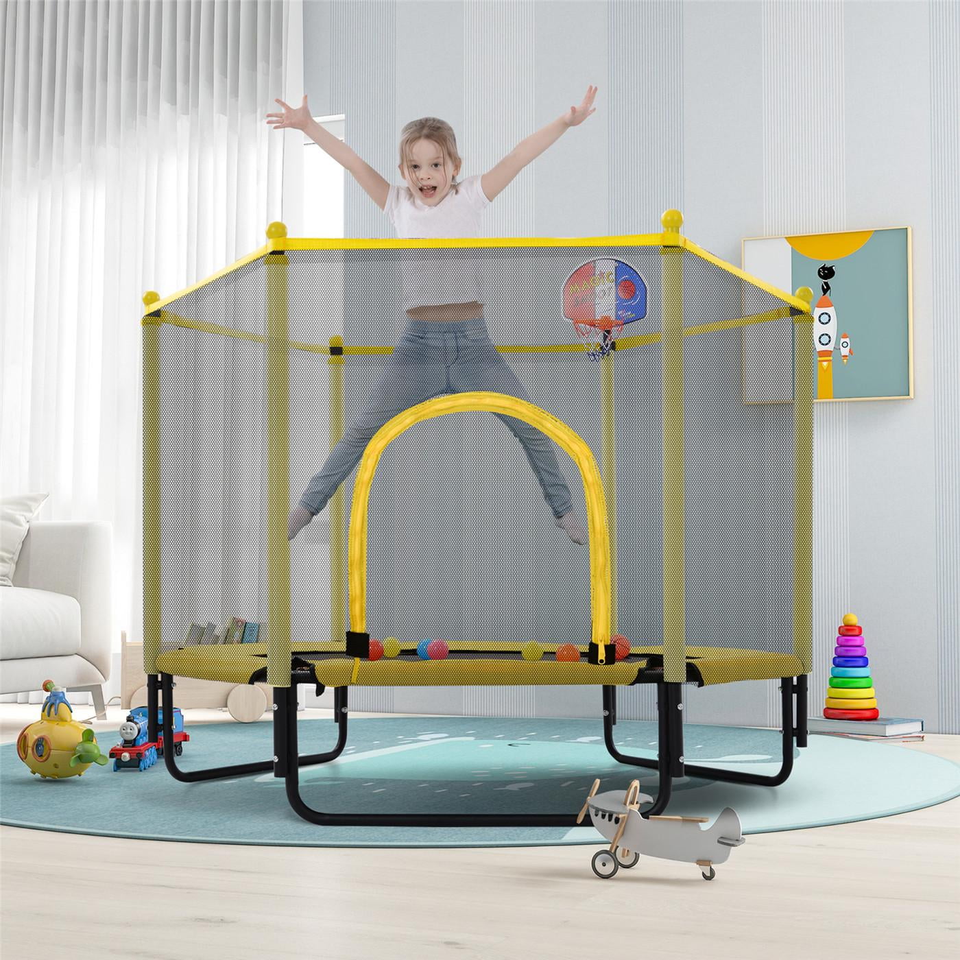 60'' Trampoline for Kids - 5ft Outdoor & Indoor Mini Toddler Trampoline with Enclosure, Basketball Hoop, Birthday Gifts for Kids, Gifts for Boy and Girl, Baby Toddler Trampoline Toys, Age 3-12, Yellow