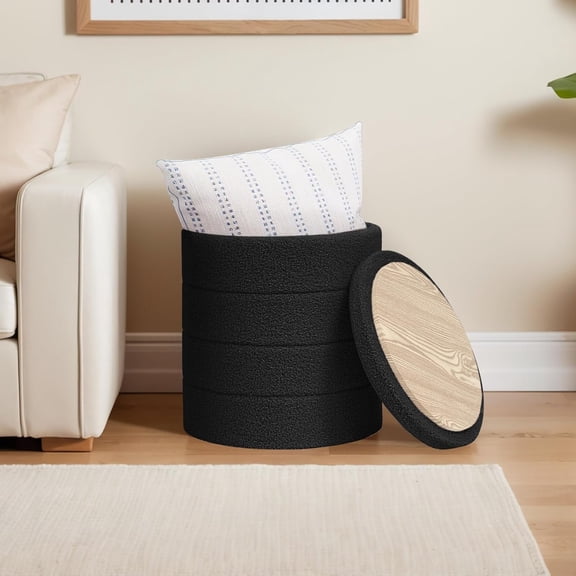 Round Ottoman with Storage, Boucle Ottoman Coffee Table, Foot Footstool for Hallway, Living Room, Bedroom-Black
