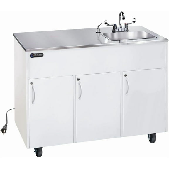 Ozark River Manufacturing, Advantage S1D, Portable Hand Wash Station, 110V, White Laminate Cabinet-Stainless Countertop, Hot Water Hand Washing Station with Countertop & Storage Space