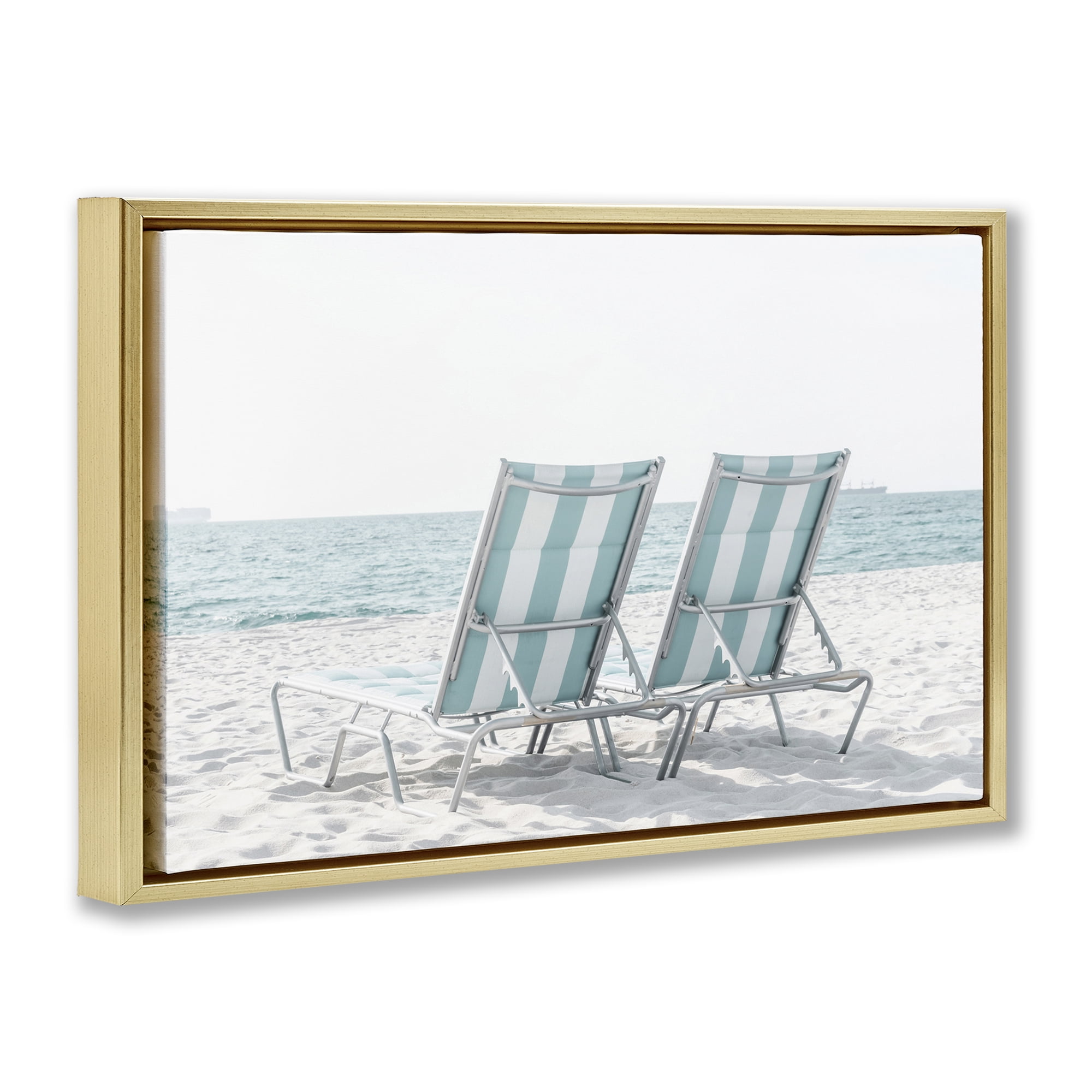 Stupell Industries Blue Beach Chairs Pair Nautical & Beach Photography Gold Floater Framed Canvas Art Print Wall Art, 25 x 17