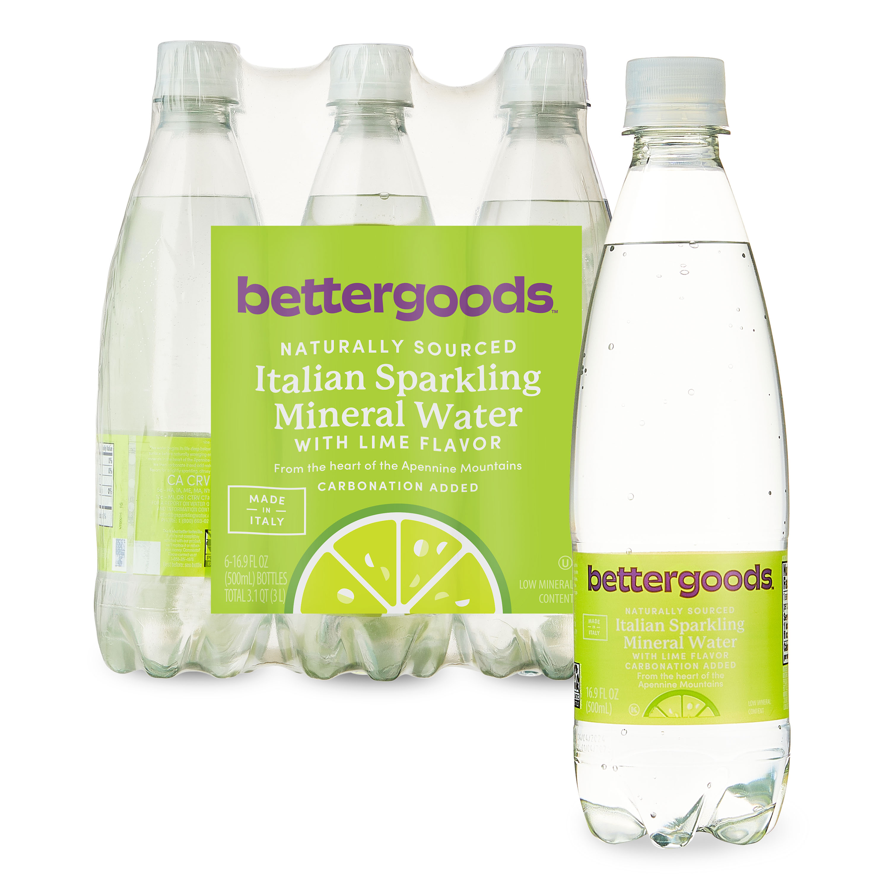 bettergoods Italian Sparkling Mineral Water with Lime Flavor, 16.9 fl oz, 6 Count Bottles