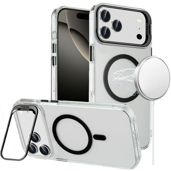 For iPhone 17 Pro Transparent HQ Hybrid with Metallic Camera Stand Magnetic Ring Case - Black