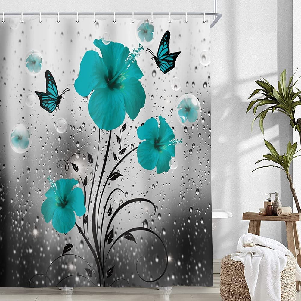 Teal Gray Floral Flower Shower Curtain, Rustic Farmhouse Butterflies Fabric Shower Curtain Accessories, Turquoise Decorations Bathroom Set Decor,Cute Bubbles Modern Bathroom Curtain, 54X70in