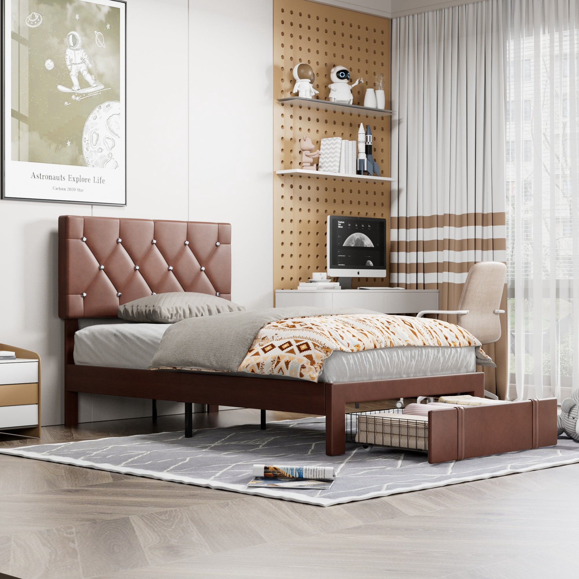 VECELO Upholstered Bed with Storage-1 Drawer, Brown Bed Frame Twin Platform Bed with Faux Leather Tufted Headboard