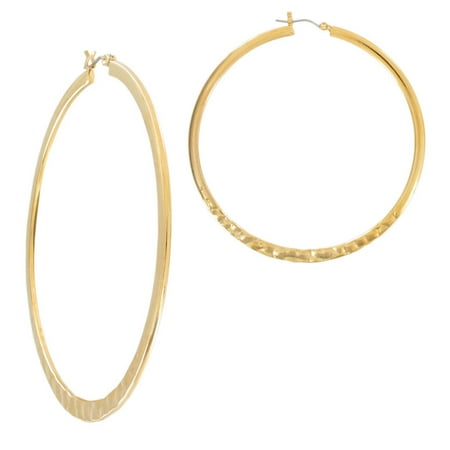 Yellow Gold Tone Hammered 2 3/4&quot; Large Oversized Hoop Earrings