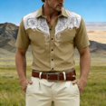 thumbnail image 2 of Western Embroidered Print Button Up Shirts for Men Short Sleeve Western Theme Breathable Blend Tee Alternative Khaki XXL, 2 of 4