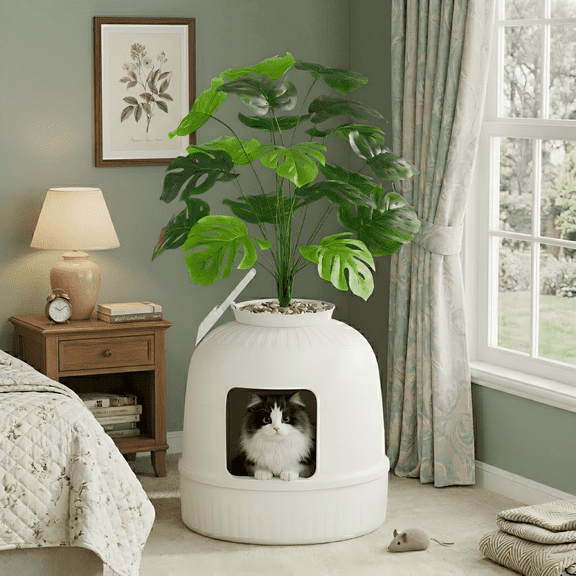 Norcho Hidden Cat Litter Box Enclosure, Plant Corner Furniture, White