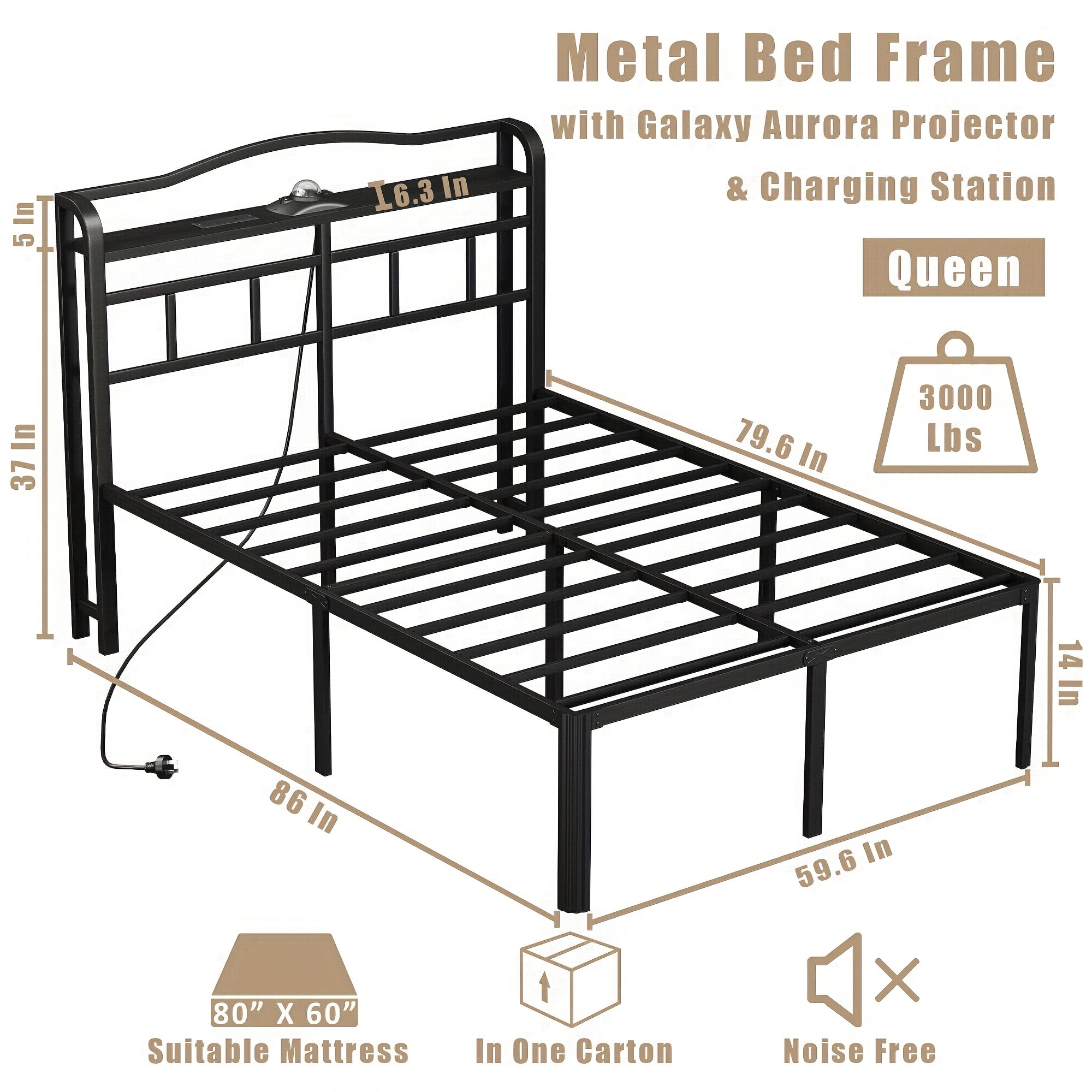 WANTAI Queen Bed Frame - Storage Headboard with Charging Station & Galaxy Aurora Projector, 14 Inch Sturdy Metal Platform Bed Frame No Box Spring Needed, Easy Assembly, No Noise, Black