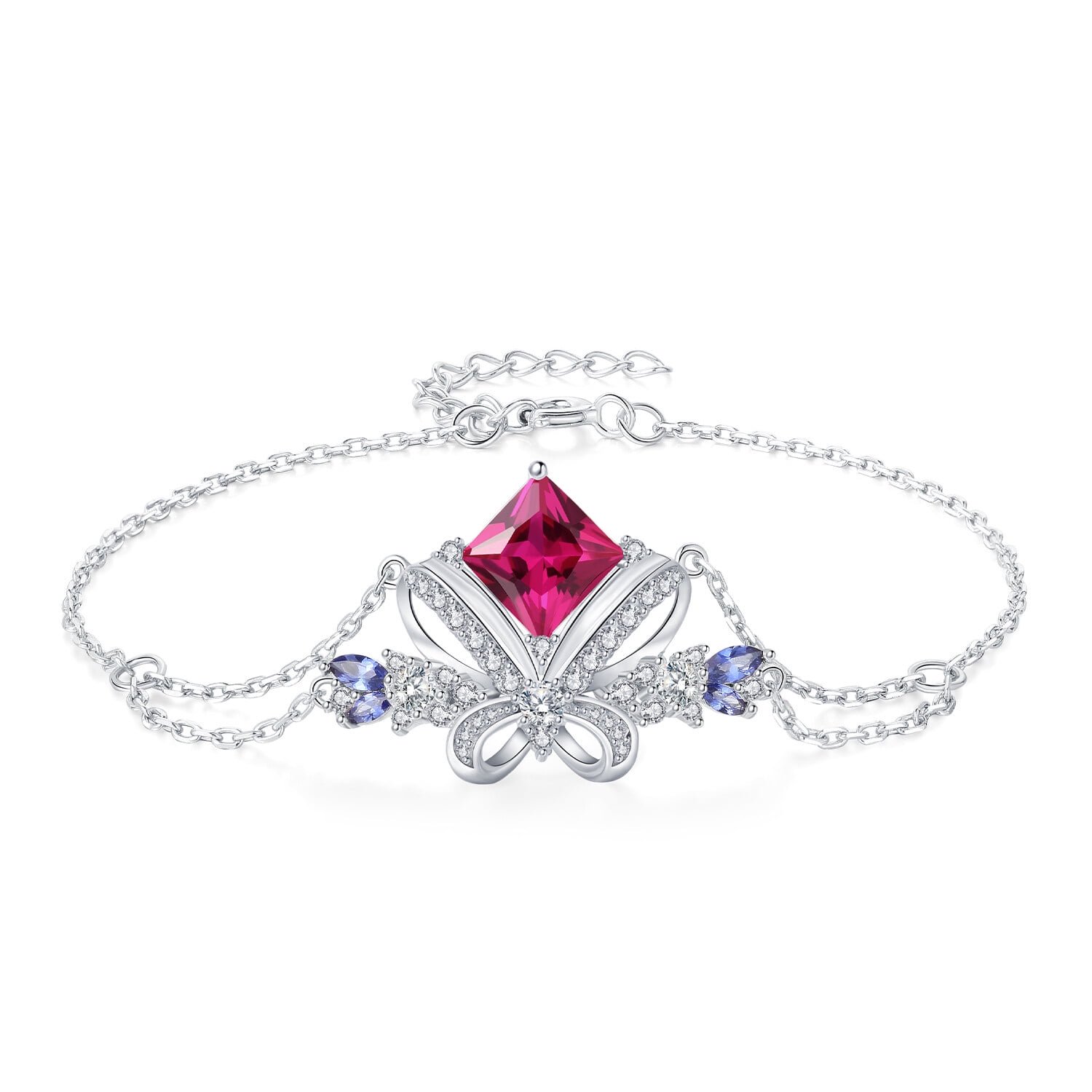 Jewelrypalace Bow 3.1ct Princess Cut Created Pink Sapphire Adjustable Link Bracelet 925 Sterling Silver