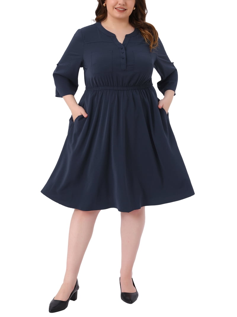 navy blue formal dress plus size Agnes Orinda Women's Dresses Button Notch V Neck Rolled Sleeve Elastic Waist Casual Midi with Pocket 3X Blue, Size: 3XL Midi dresses