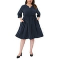 thumbnail image 2 of Agnes Orinda Women's Plus Size Dresses Button Notch V Neck Rolled Sleeve Elastic Waist Casual Midi Dress with Pocket 1X Navy Blue, 2 of 5