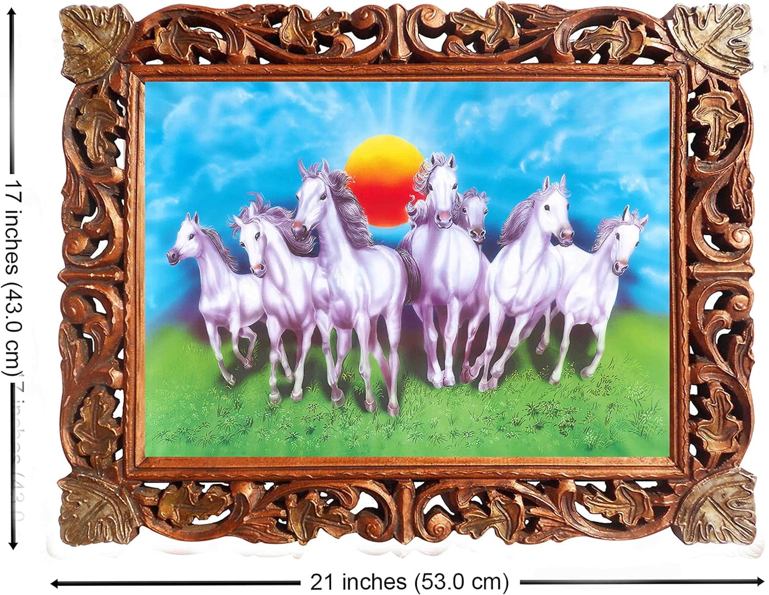 Seven 7 white galloping horses at sun rise time, poster print
