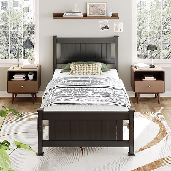 Twin Size Platform Bed Frame with Headboard and Footboard, Minimalist Matte Black Design for Dorm  Room