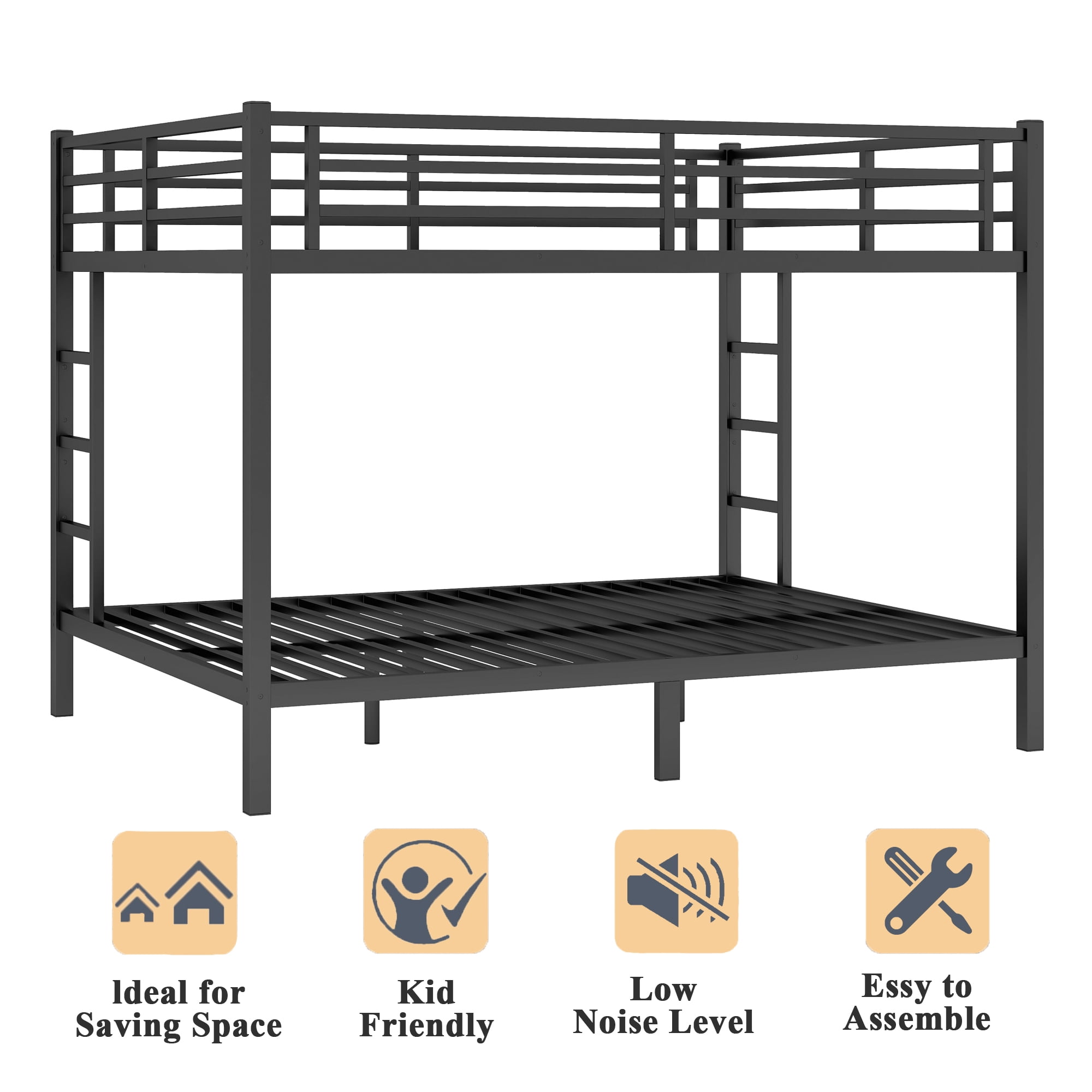 Queen Over Queen Bunk Bed Frame, Heavy Duty Metal Bunk Beds with with 2 Side Ladders, Industrial Style Queen Size Bunk Bed for Bedroom-Black