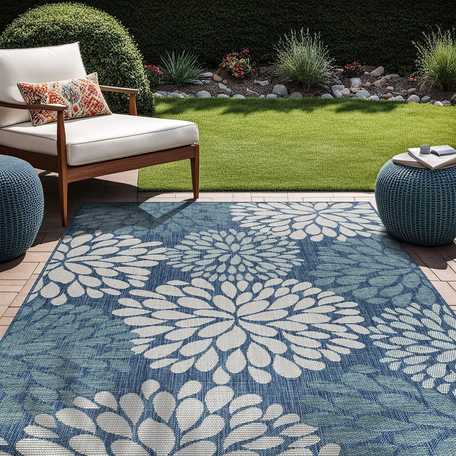 Beverly Rug Indoor/Outdoor Area Rugs,Modern Floral Patio Porch Garden Carpet, Blue/Turquoise, 5'x7'
