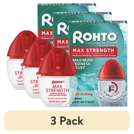 (3 pack) Rohto Max Strength Redness Reliever, Lubricant Eye Drops, Redness & Dry Eye Symptom Relief, 0.4 fl oz