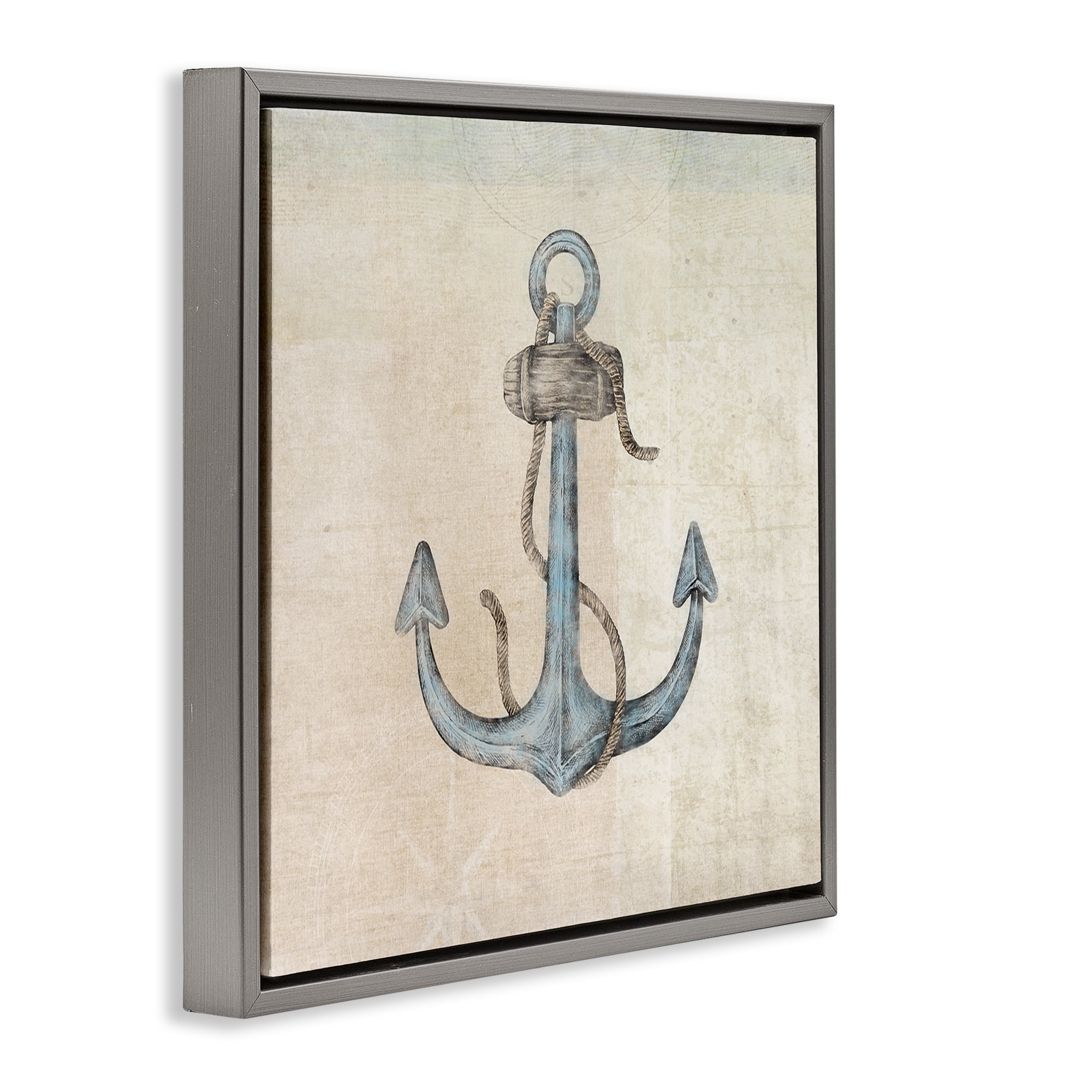 Stupell Industries Rustic Maritime Anchor Nautical & Beach Painting Gray Floater Framed Canvas Art Print Wall Art, 18 x 18