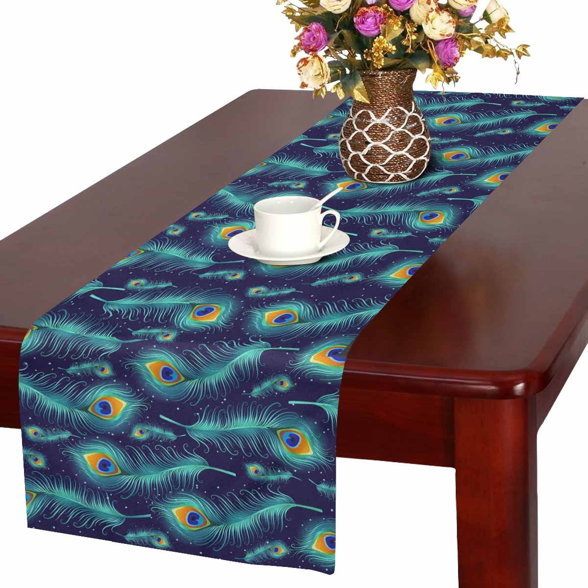 MKHERT Peacock Feather Table Runner, Fantasy Feather Table Cloth Runner