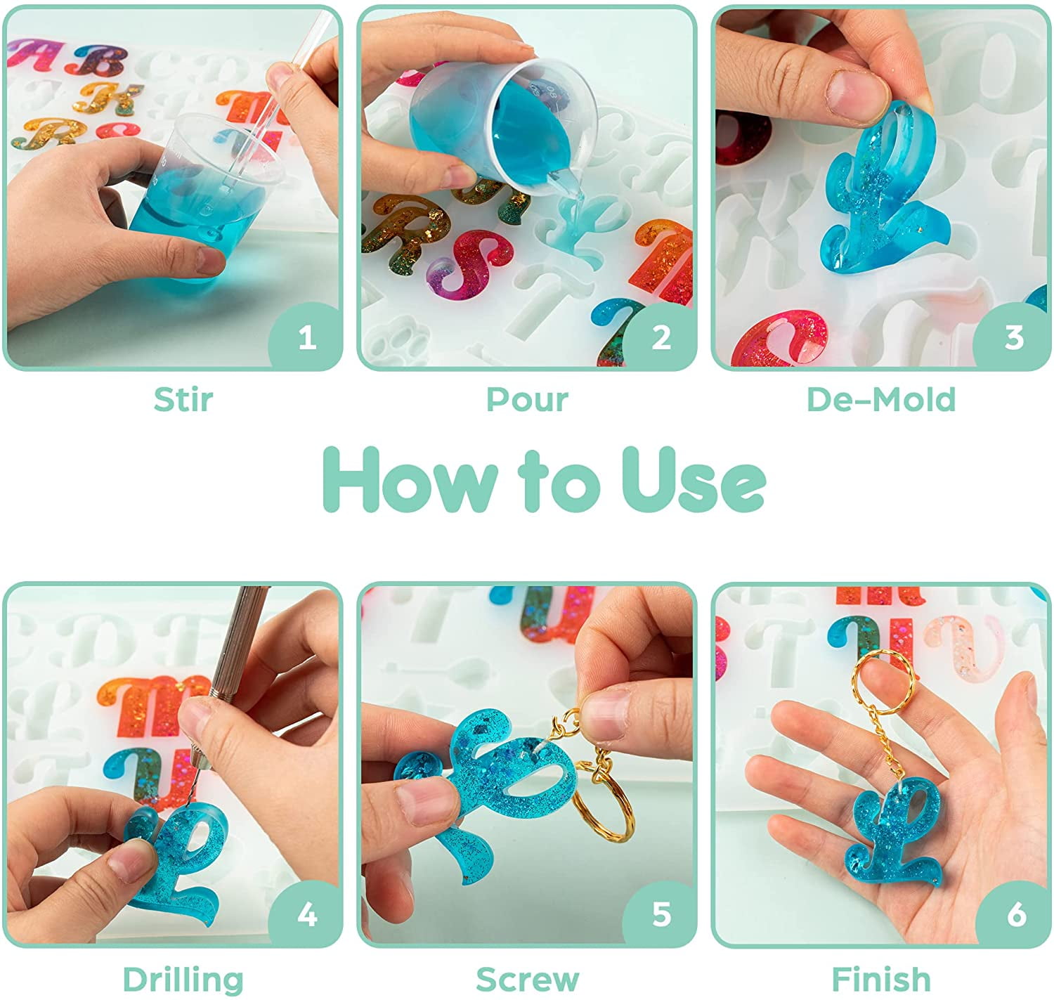 Mocoosy 182Pcs Fancy Alphabet Resin Molds Silicone Kit, Reversed Letter Keychain Epoxy Resin Casting Molds, Resin Key Chain Making Set with 1 Hand Drill 2 Drill Bits 30 Key Rings 100 Screw Pins