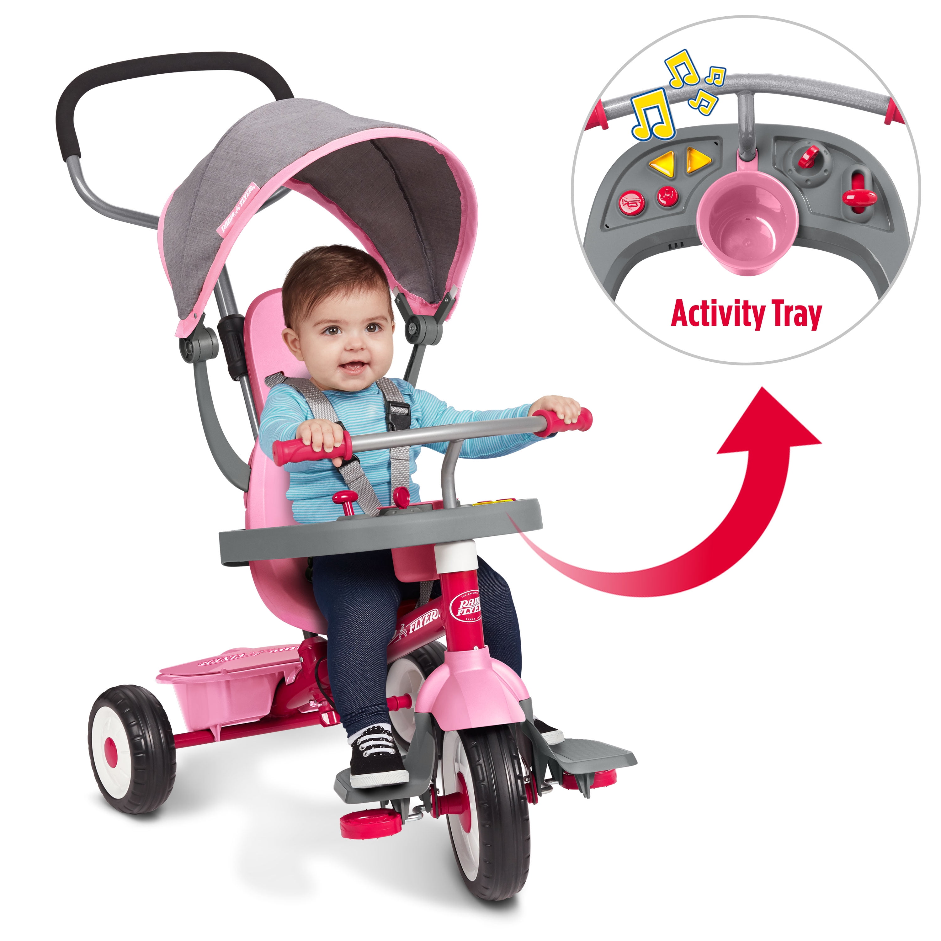 Radio Flyer, 4-in-1 Stroll 'N Trike with Activity Tray, Pink & Gray, Tricycle