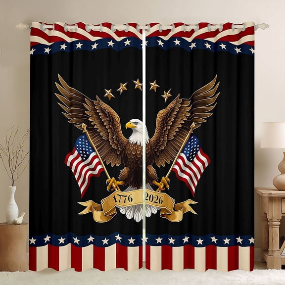 Manfei Bald Eagle Us Flag Kitchen Curtains,Red Stripes Black Out Curtains Pack of 2 (42x63 Each),Black