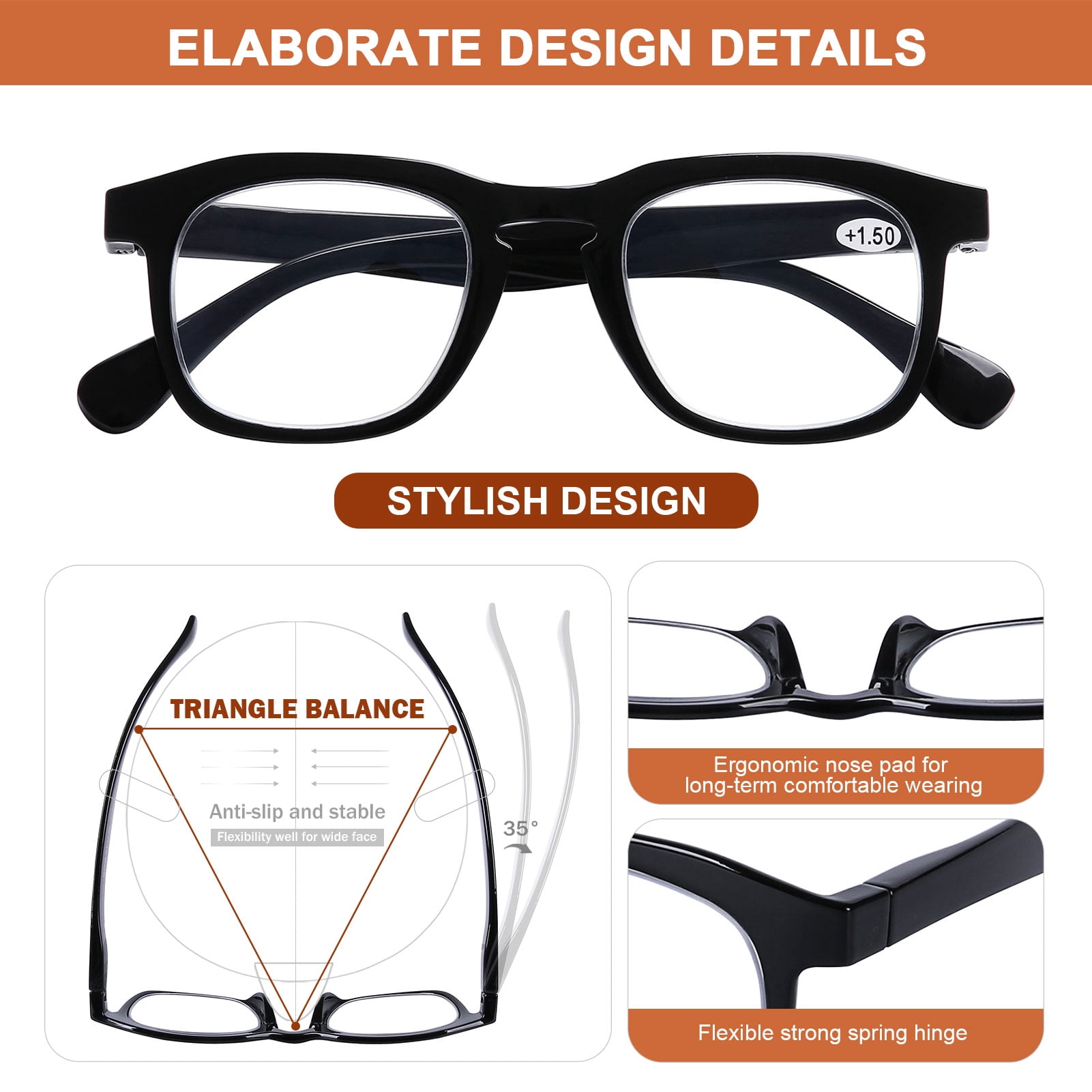 4 Pack Reading Glasses Men Women - Quality Square Readers Computer Blue Light Blocking with Comfort Spring Hinges, 0.0