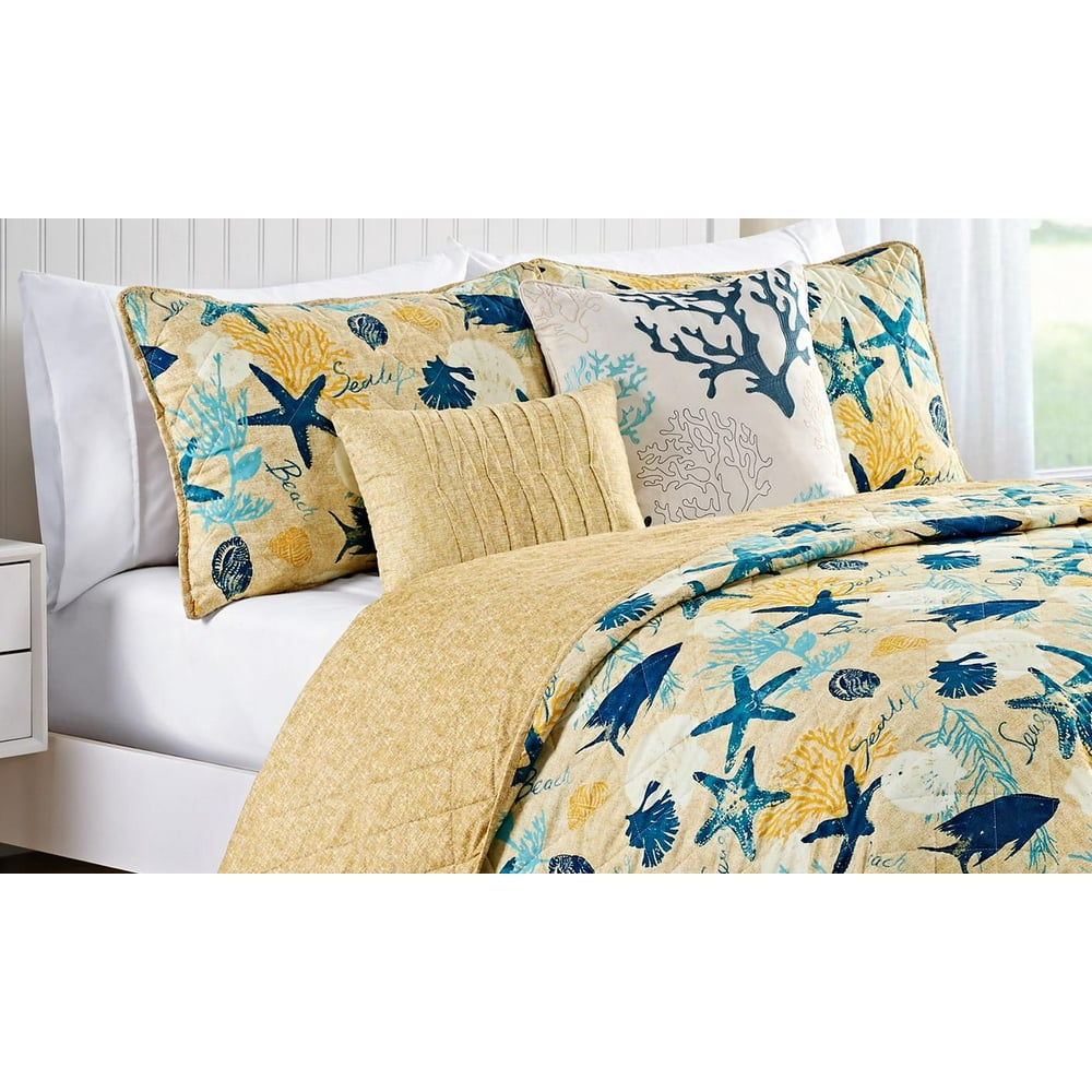 Yellow & Navy Blue Sealife Seashells & Starfish Beach House. Coastal
