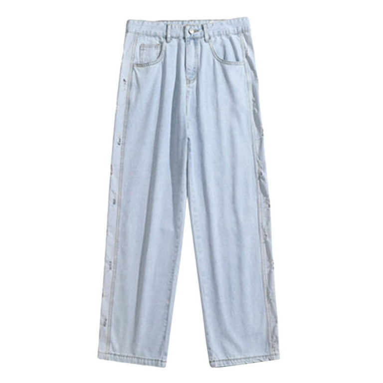 XIUH Casual Pants Men's Fashion Plus-Size Loose Jeans Street Wide Leg  Trousers Pants Baggy Pants Blue L