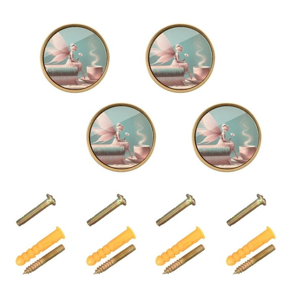 Kitchen Cabinet Knobs Cabinet Handles 1.25 inch Diameter Zinc Alloy Fairy on Book with Coffee 4 Pack