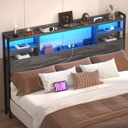 iSunirm Headboard for Queen Size Bed with Bookcase Storage, Queen Headboards with LED Light and Power Outlets, Sturdy Queen Size Head Board, for Queen Size Bed, 61'' Width, Black Oak