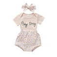 thumbnail image 2 of Baby Girls Letter Print Romper + Daisy Print Shorts + Bow Headband 3 Piece Summer Outfits Set, 2 of 7