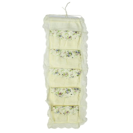 Unique Bargains Kitchen Decor Floral Print Beige Laced 5 Pockets Wall Hanging Storage Bag Pouch