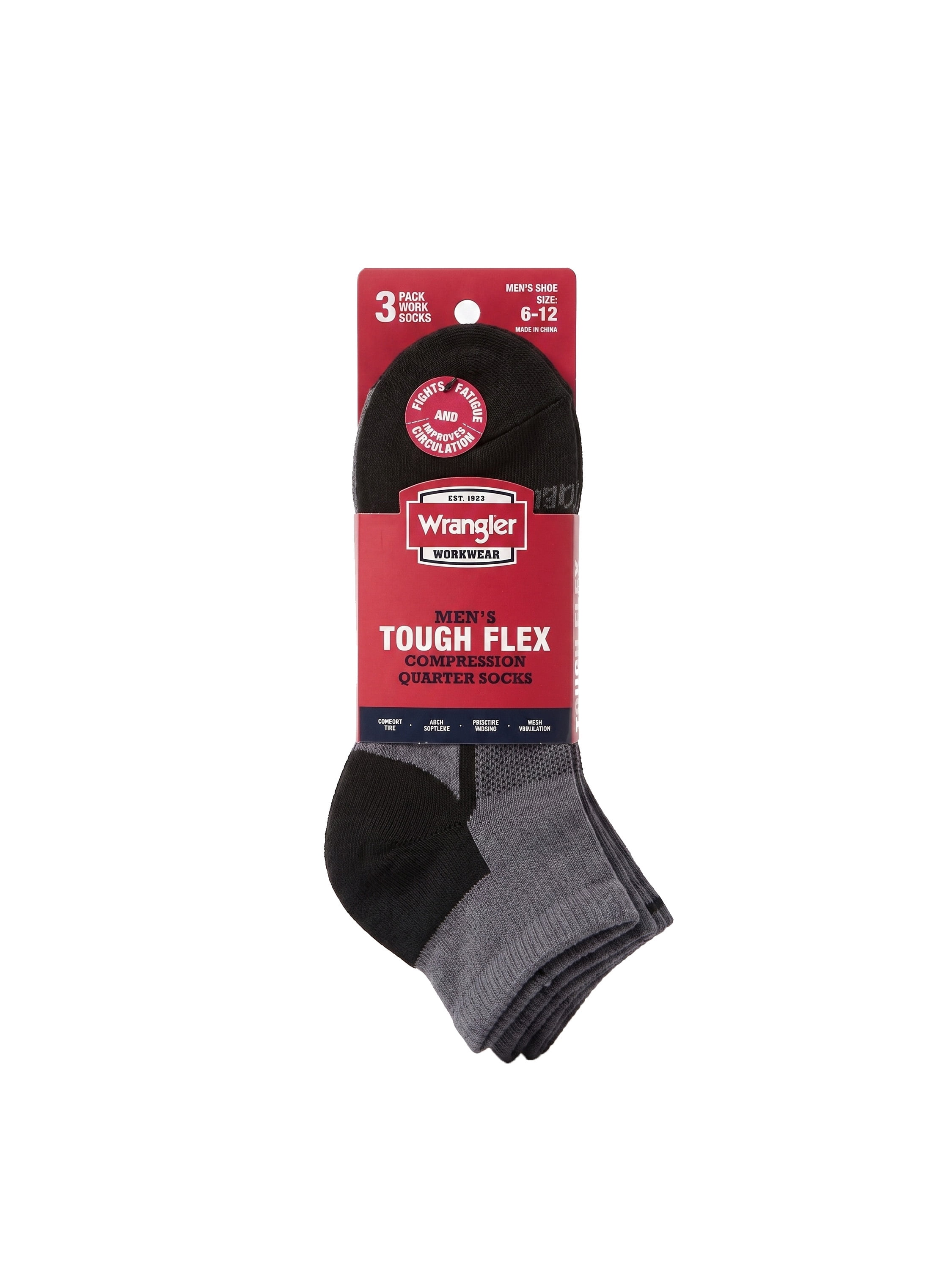 Wrangler Comfort Compression Quarter Socks for Men, Size 6-12, Gray, 3 Pairs
